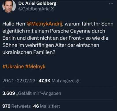 Melnyk, Melnyk Sohn mit Porsche in Berlin unterwegs, Zwangsmobilisierung für die ANDEREN Ukrainer!